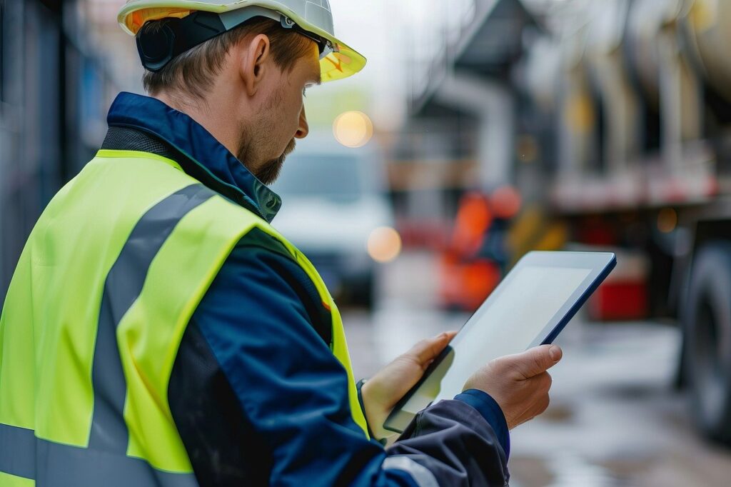 Construction worker in high-visibility vest using tablet on job site, reflecting Service Conversion's focus on empowering small businesses in HVAC, plumbing, and electrical sectors through digital solutions.