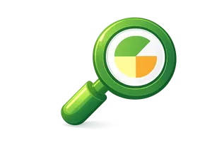 Green magnifying glass icon focusing on a multicolored pie chart.
