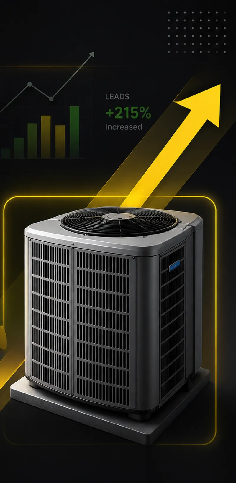 Service Conversion campaign creative for HVAC: leads up 215%, more calls, more bookings, higher ROI