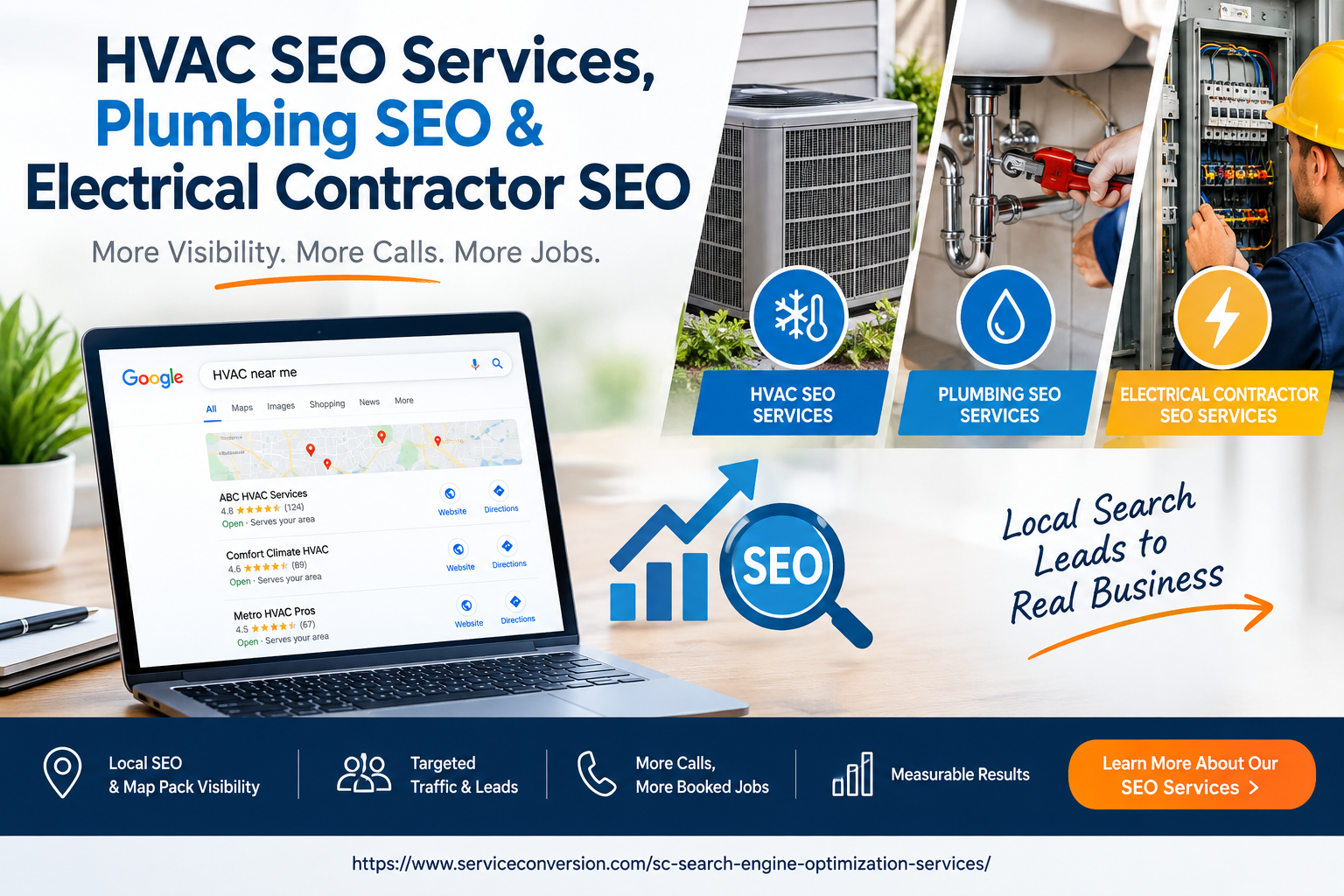 Create a blog image with a caption for this URL: https://www.serviceconversion.com/sc-search-engine-optimization-services/ Keyword: HVAC SEO Services, Plumbing SEO & Electrical Contractor SEO